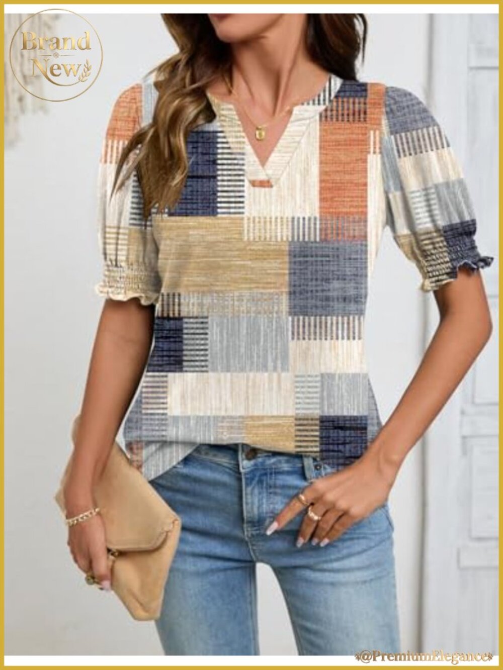 Women's V-Neck Puff Sleeve T-Shirt Summer Blouse Stretchy Knit - Picture 2 of 6